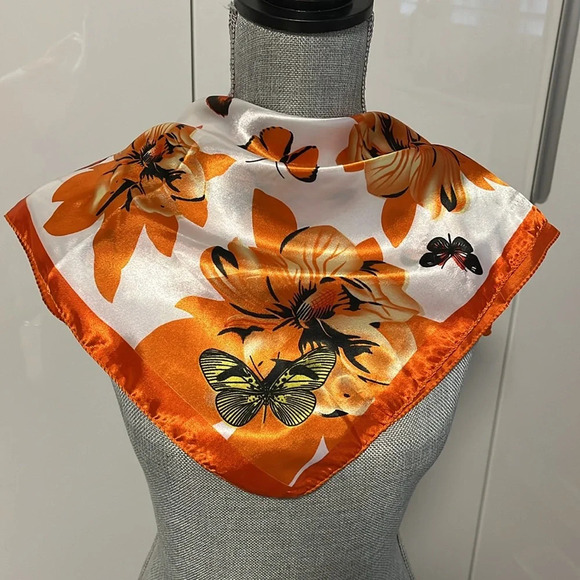 NWOT Silky Square Butterfly Scarf Orange Black - Picture 1 of 5